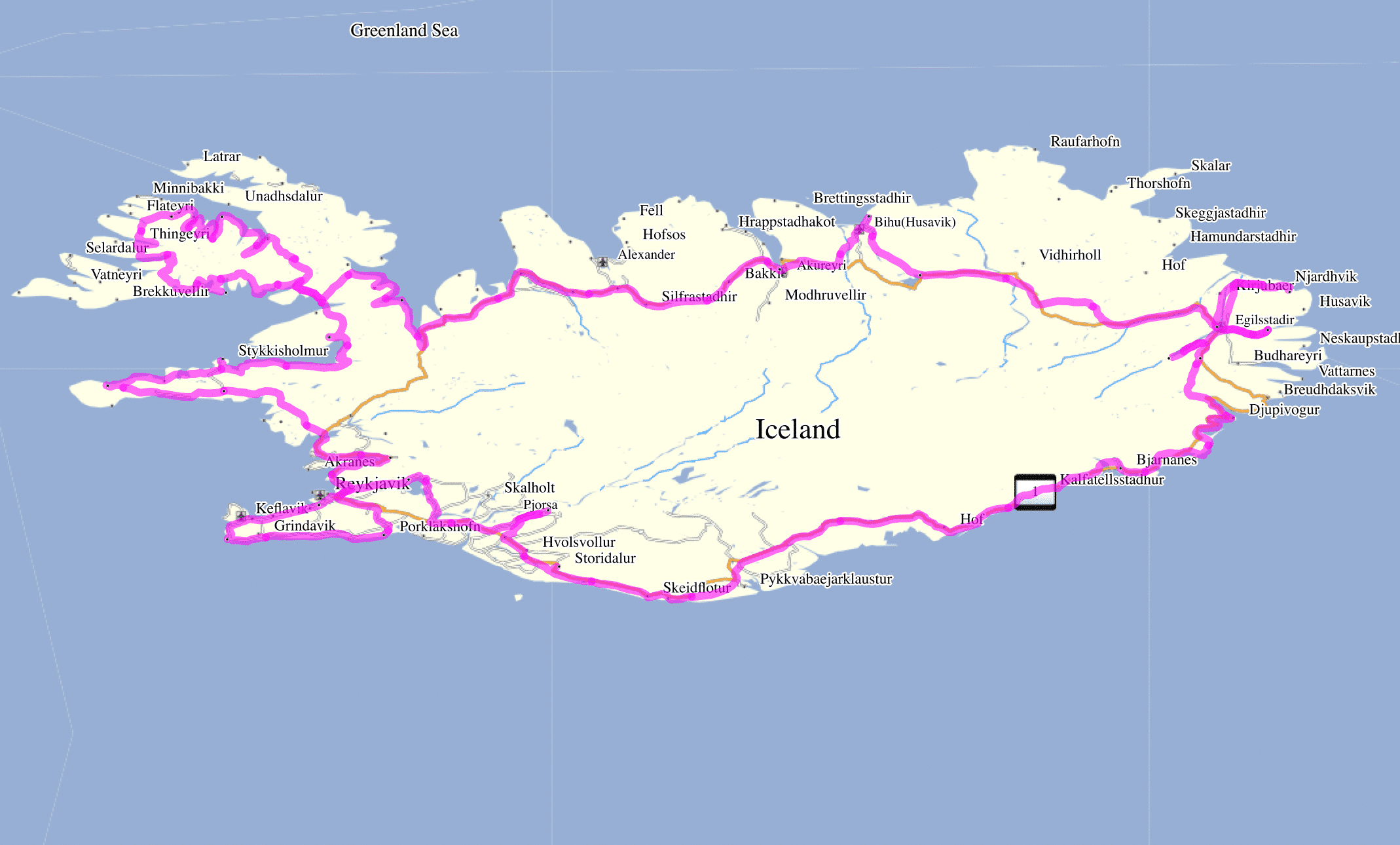 De gehele route van onze winterse roadtrip door IJsland (Deel 1 + 2) op de kaart.