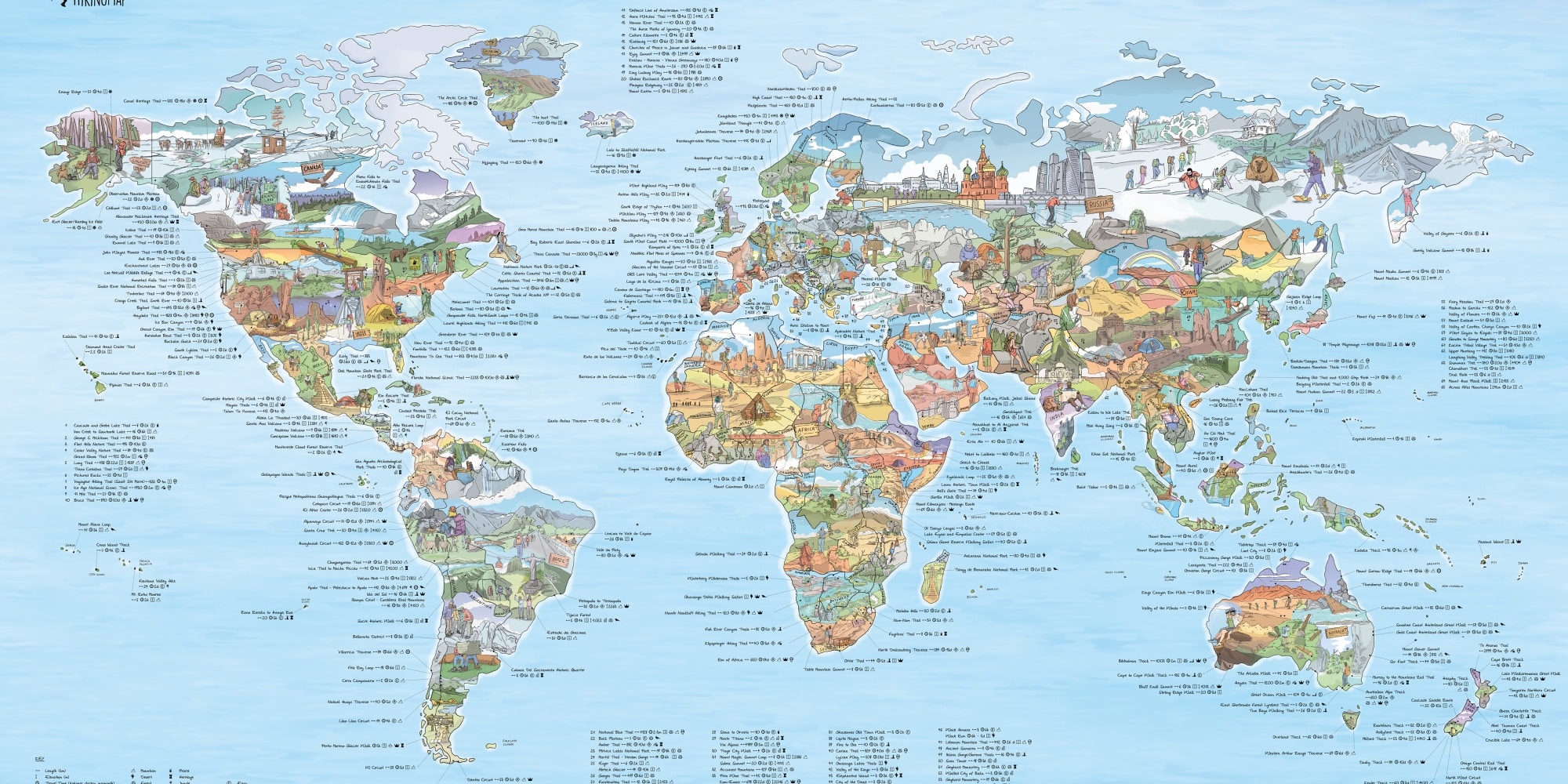 Mappa del mondo per escursioni e passeggiate